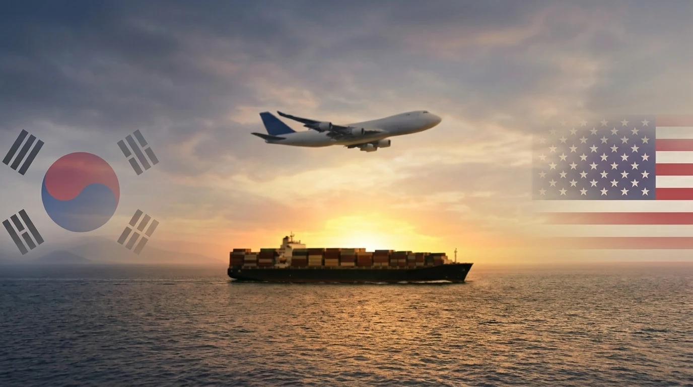 Container ship and cargo plane over the ocean with the Korean and US flags, symbolizing trade between Korea and the US